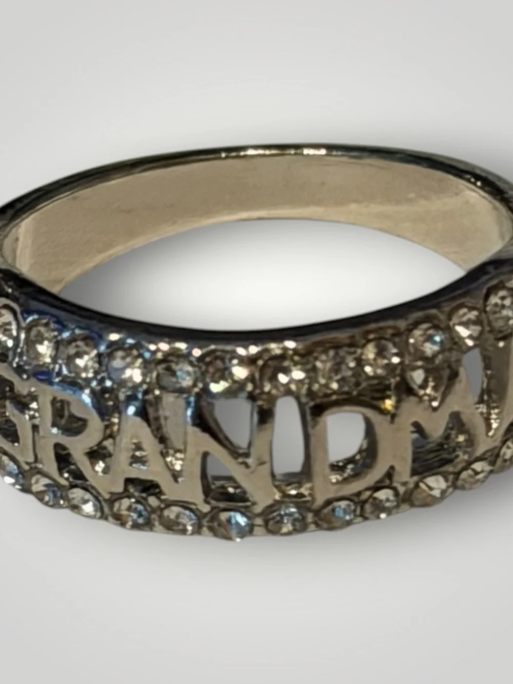 Grandma Rhinestone Statement Ring Silver Tone Cutout Size 8 Gift